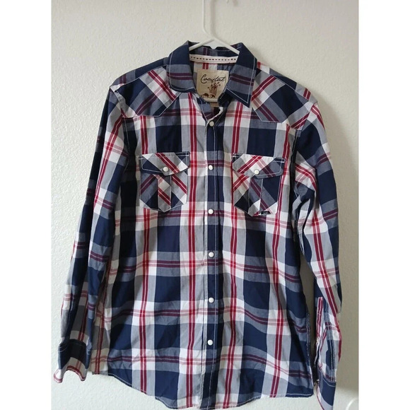 Coastal Shirt Men's Medium Blue Red Plaid Western Cowboy Tab Roll Sleeves Snap - Picture 1 of 16